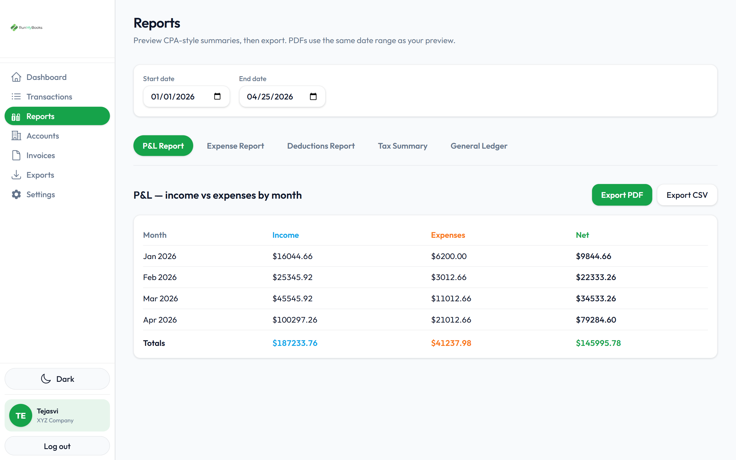 RunMyBooks P&L Report