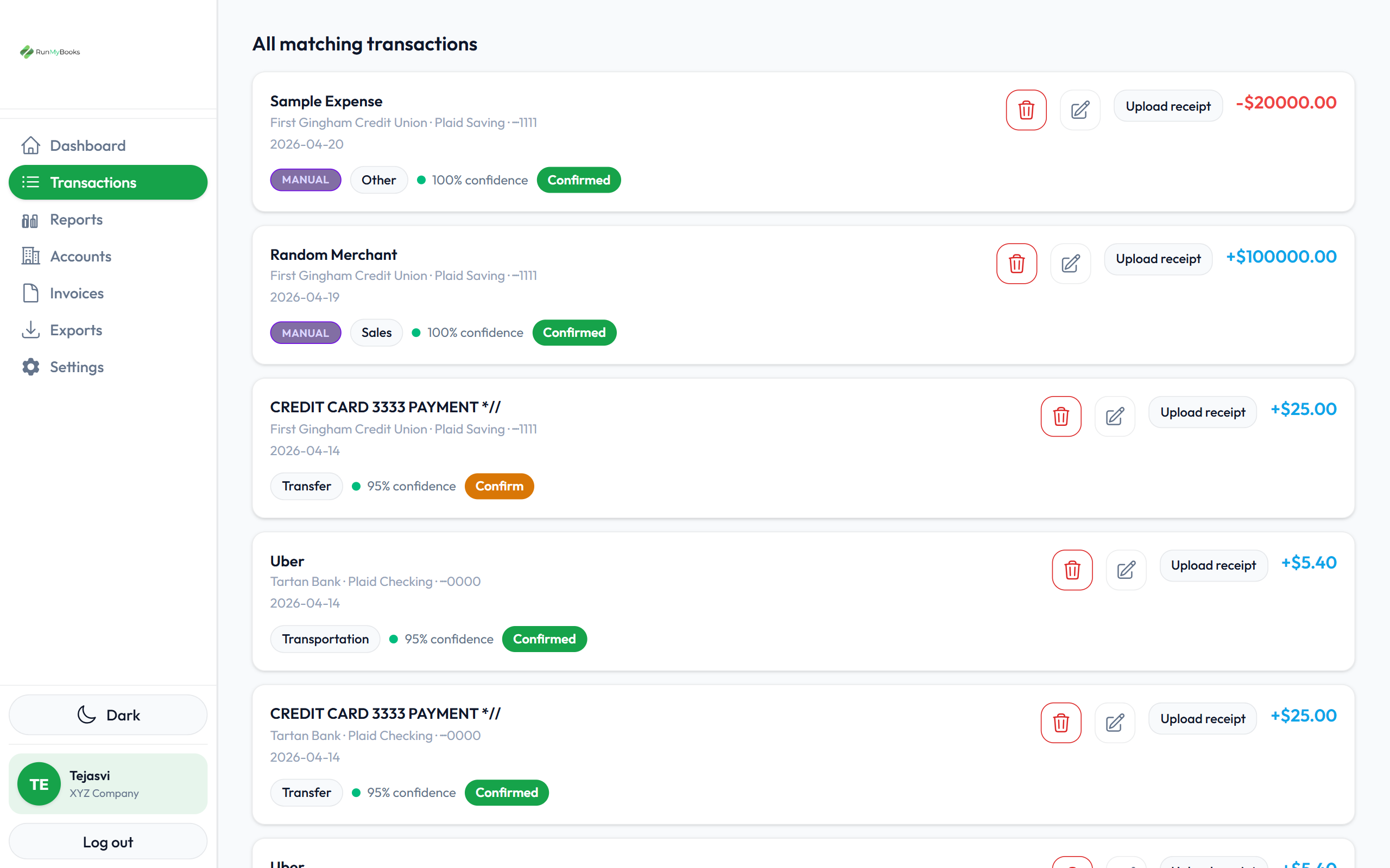 RunMyBooks Transactions
